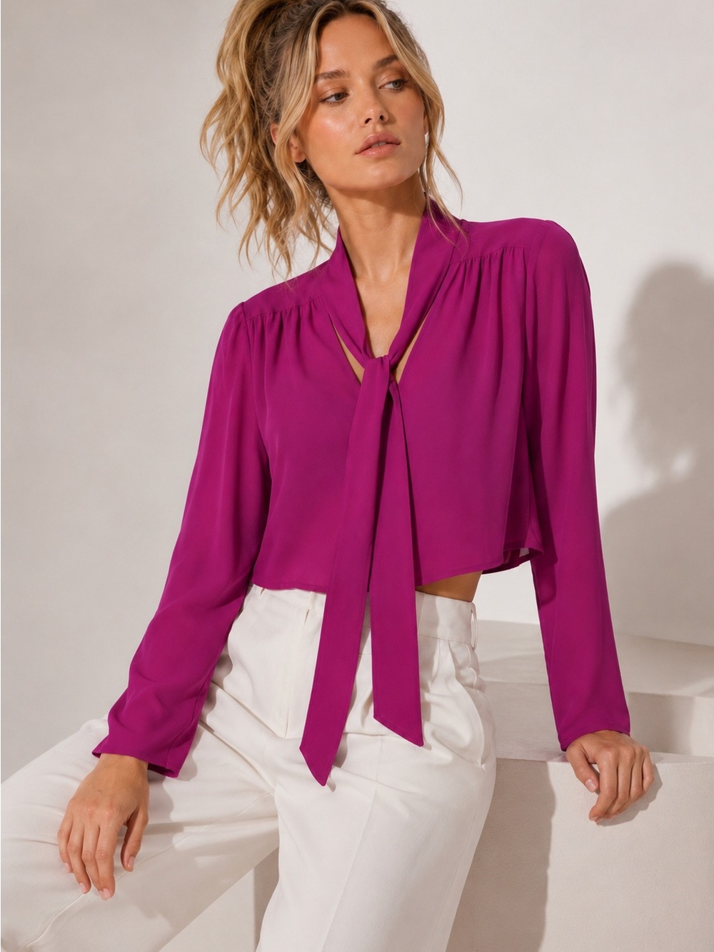 Free Press Magenta Fuchsia Crêpe Tie-Neck Cropped Blouse Boho Top - Size S